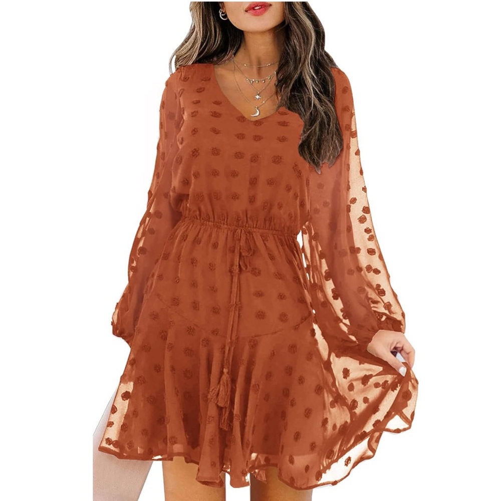NWT, Medium KIRUNDO Women's Flowy Mini Dress Swiss Dot High Waist Chiffo…